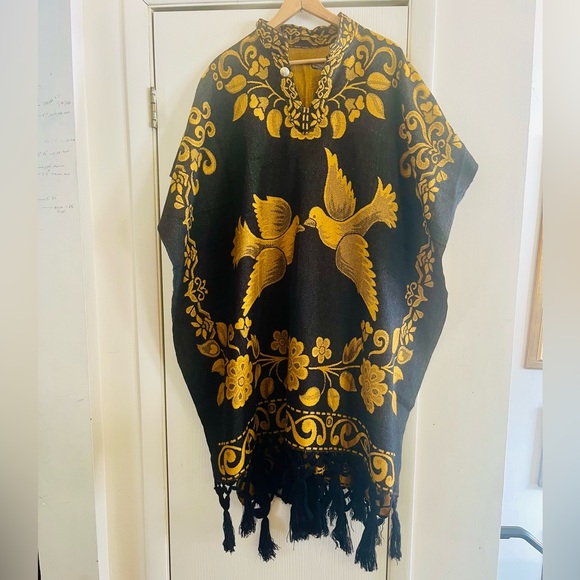 Vintage Jackets & Blazers - VTG Boho Hippie Festival Woven Bird Fringe Made In Mexico Kaftan Poncho O/S